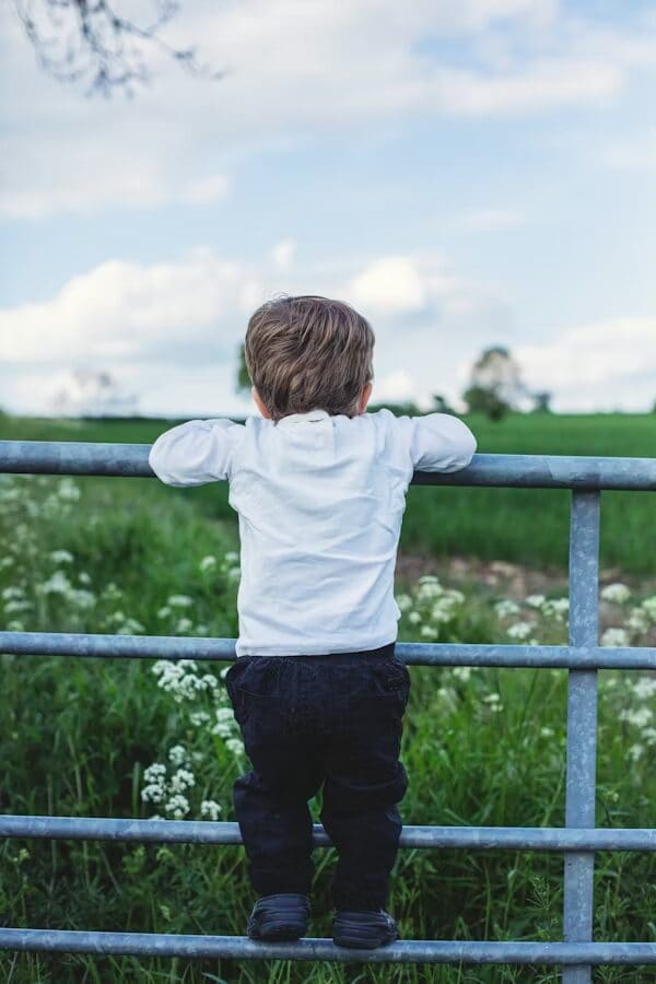 Child climbing fence, looking at field.