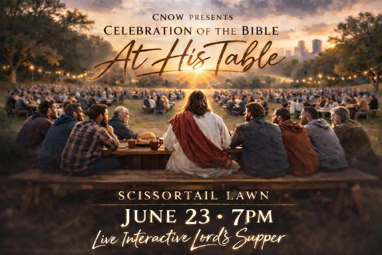Sunlit outdoor supper poster with many diners