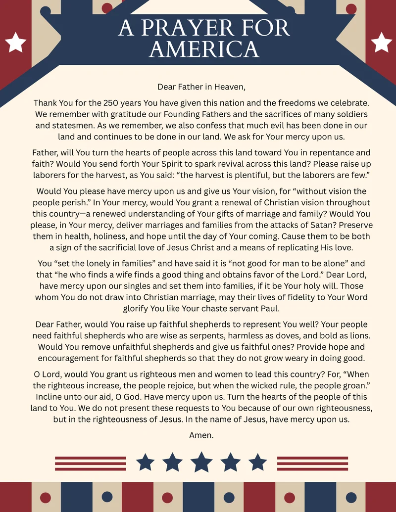 Patriotic prayer for America printable flyer