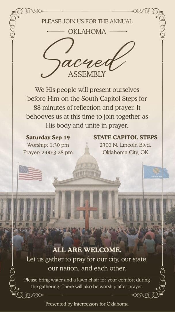 Oklahoma Sacred Assembly flyer - Saturday, September 19, Worship 1:30 PM, Prayer 2:00-3:28 PM, State Capitol Steps, Oklahoma City