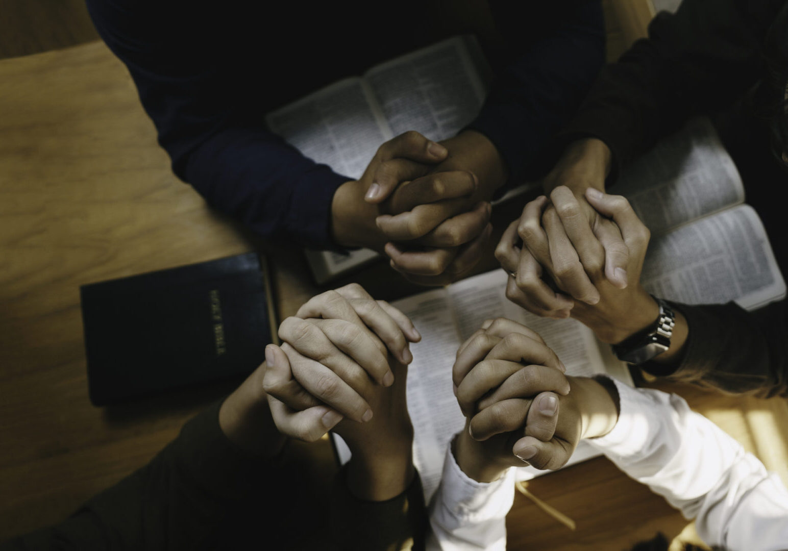 A group of people holding hands in a circle, symbolizing unity.